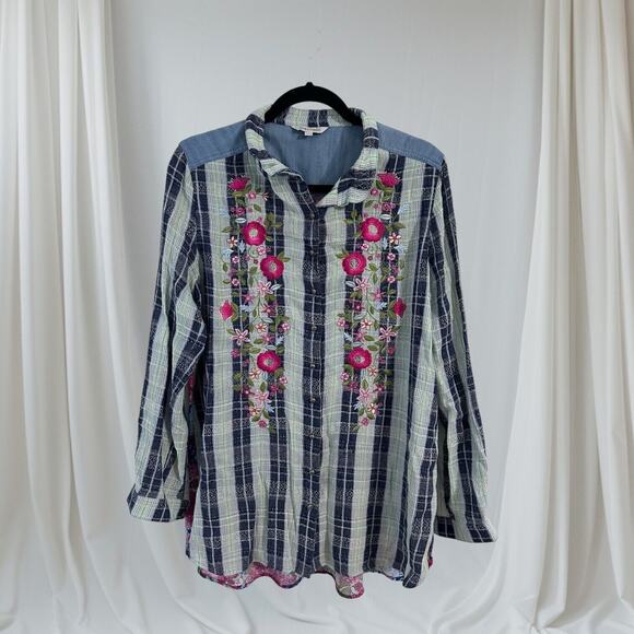 John Mark Womens Floral Embroidered Button Up Gauze Shirt Boho Size M Plaid - Picture 1 of 13